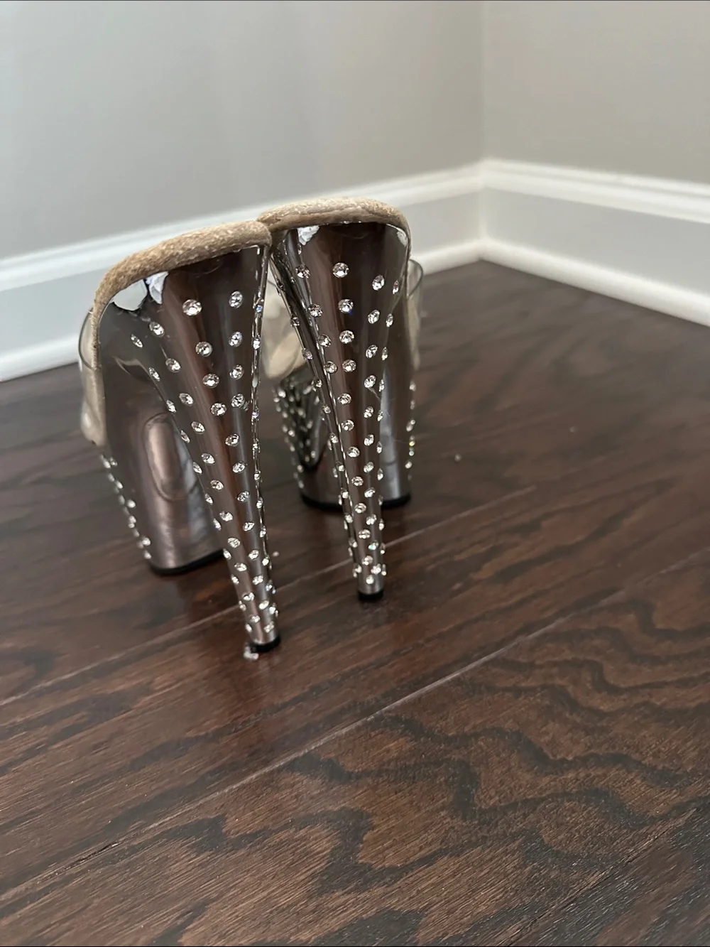 Crystal-Embellished Clear Platform Heels in Silver
